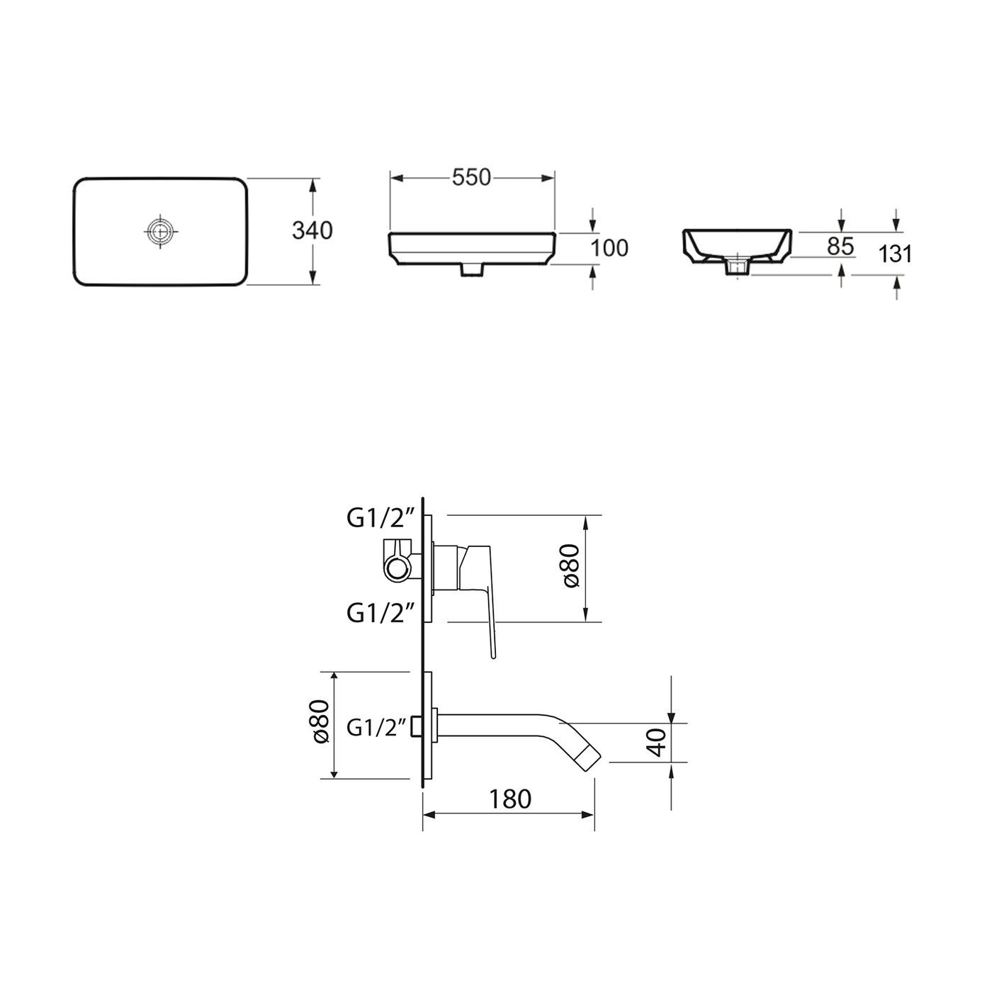 Комплект 2 в 1 Lavinia Boho Bathroom Sink Slim 21510137, накладная фарфоровая раковина 55 см, встраиваемый смеситель со скрытым механизмом