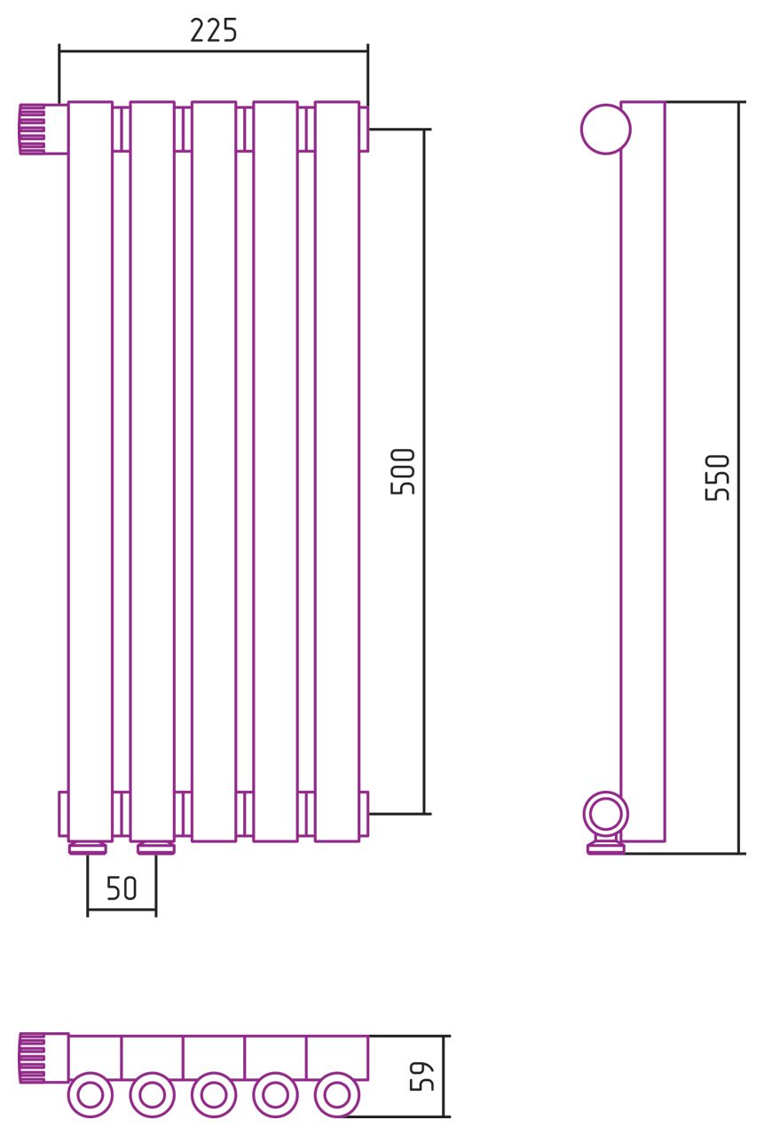Отопительный радиатор ЭСТЕТ-0 н/ж EU50 левый 500х225 / 5 сек (МУАР Темный Титан)