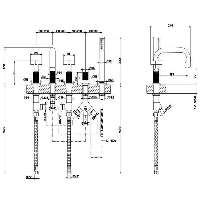 GESSI INCISO Смеситель для ванны на 5 отверстий с изливом, переключателем, ручным душем и шлангом 1,50 м, цвет: хром
