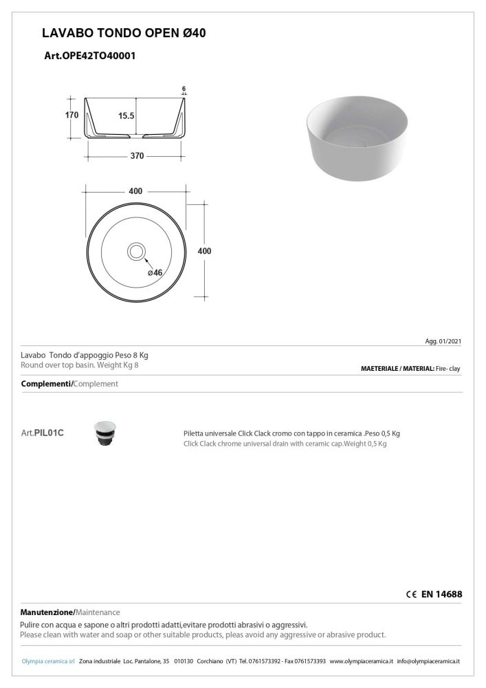 Olympia Open, накладная круглая раковина 40xh17 см, с донным клапаном, цвет белый глянцевый, артикул OPE42TO40001
