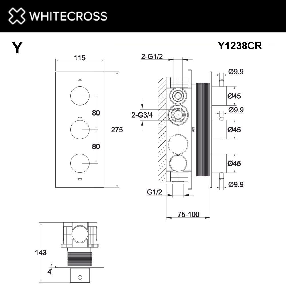 Смеситель термостатический для душа скрытого монтажа WHITECROSS Y Y1238CR (хром) Смеситель термостатический для душа скрытого монтажа WHITECROSS Y Y1238CR (хром)