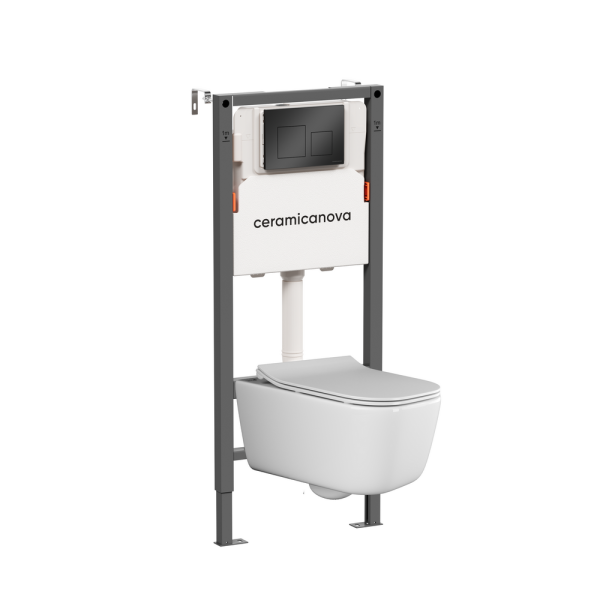 Комплект Подвесной унитаз Новый день (New day) Безободковый (Rimless) + Система инсталляции Баланс (Balance) кнопка Квадрат (Square), черный матовый