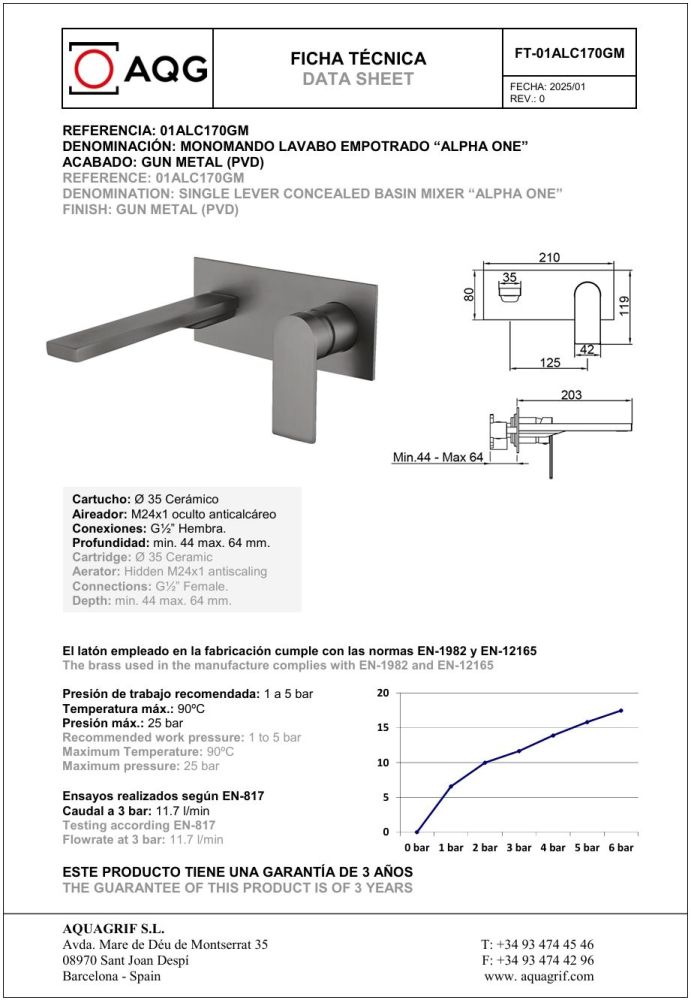 AQG Alpha One, встраиваемый в стену однорычажный смеситель для раковины, цвет оружейная сталь (PVD)