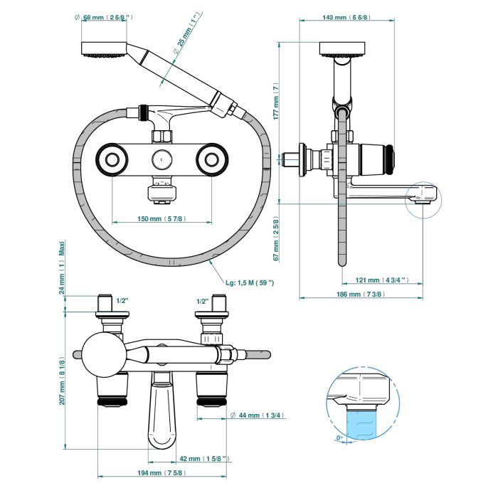 THG CORVAIR FIOR DI BOSCO Смеситель для ванны настенный, с ручным душем и шлангом 1500 мм., цвет полированное золото