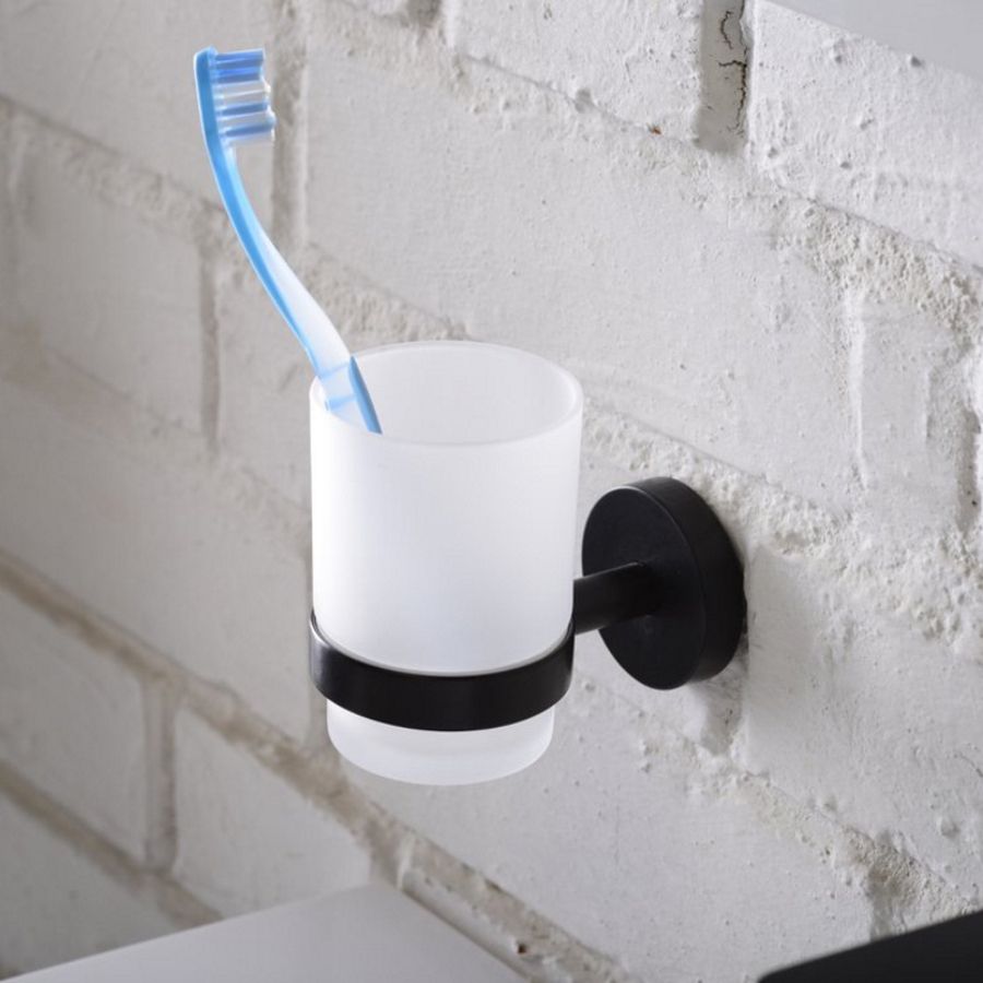 Стакан X-ROUND BLACK одинарный для зубных щёток с держателем, черный, Sapho