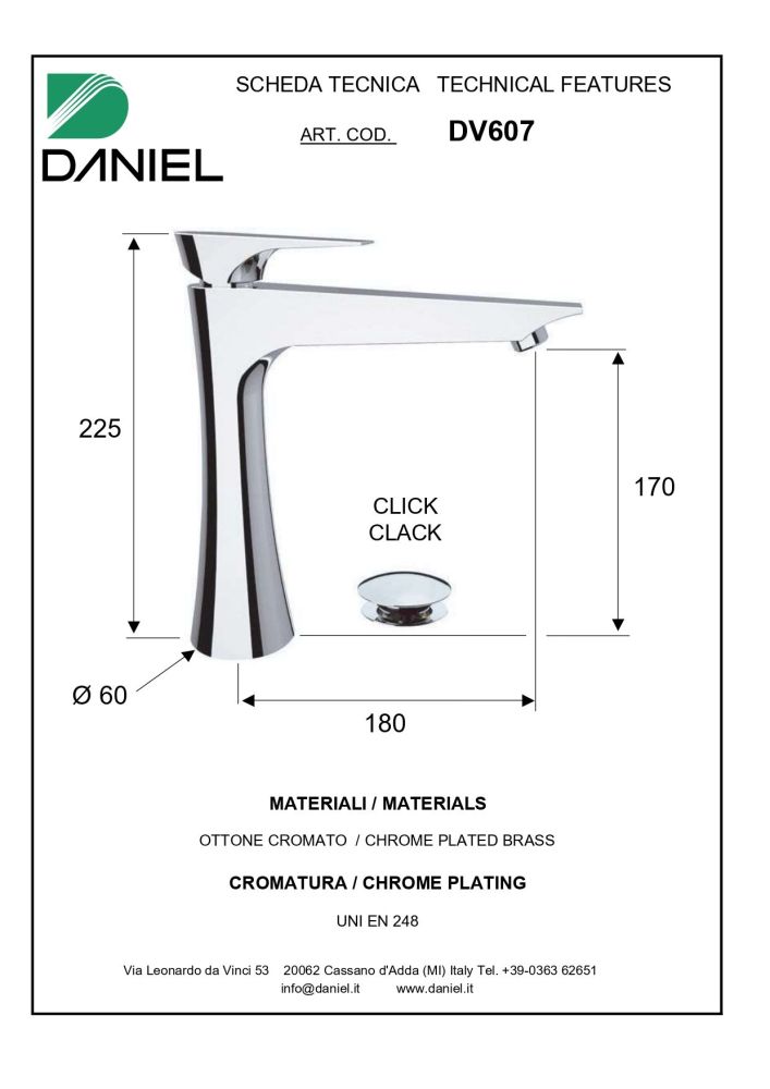 Daniel Diva, высокий однорычажный смеситель для раковины (излив 18 см), с донным клапаном click-clack, цвет хром