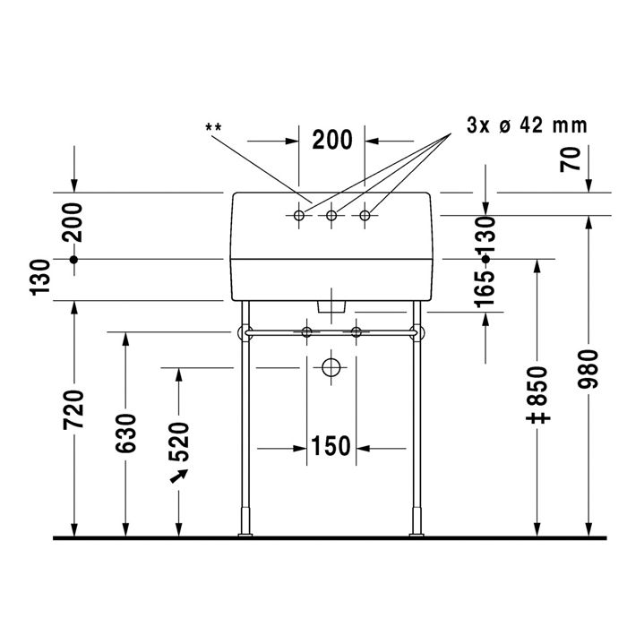 Duravit Vero Металлическая консоль регулировка по высоте + 50 мм, хром для умывальника # 045360 и 045460, артикул 0030631000