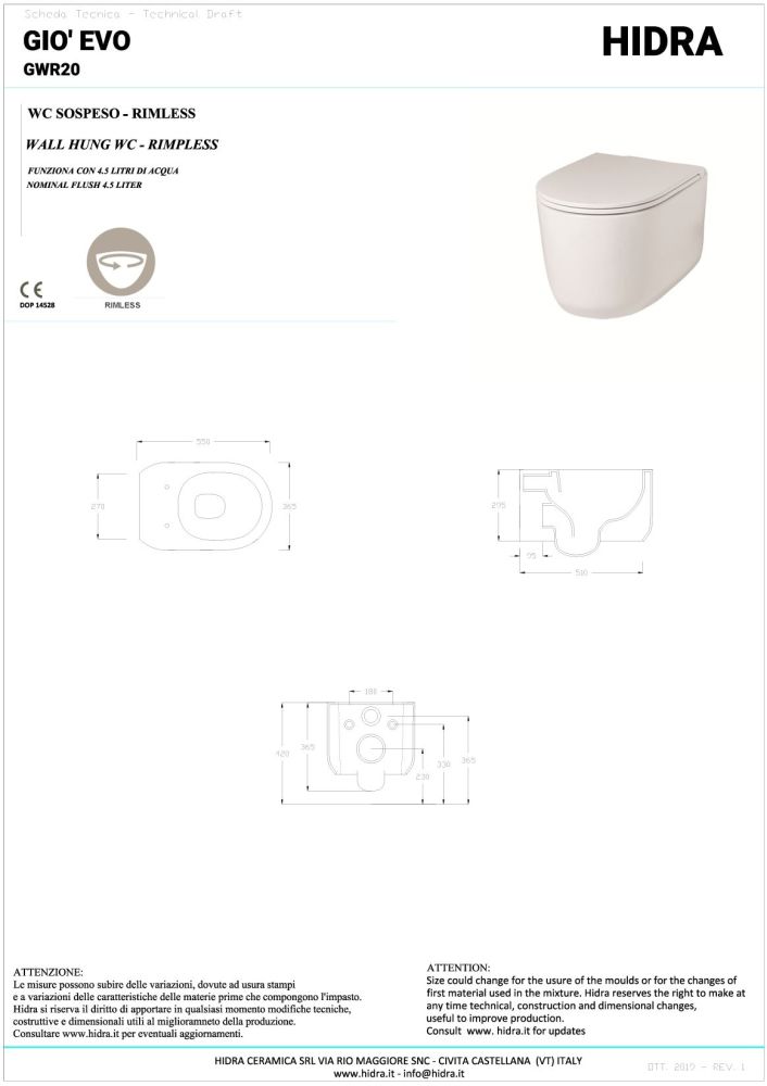 Hidra Gio, подвесной безободковый унитаз c сиденьем микролифт, 55x36,5 см, цвет белый глянцевый, артикул GWR20SET/001