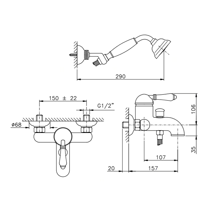 Nicolazzi El Capitan Смеситель для ванны однорычажный, настенный, с ручным душем, цвет: золото 24к