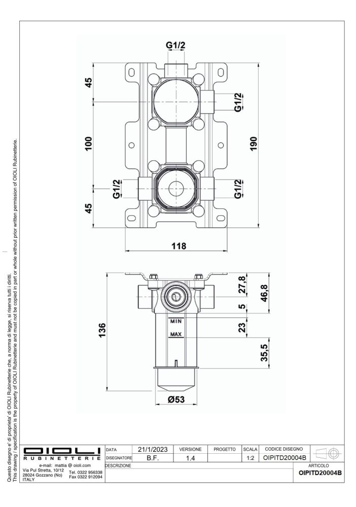 Oioli, внутренняя часть с боксом к встраиваемому в стену смесителю для душа на 2 потребителя c термостатом, артикул OIPITD20004B