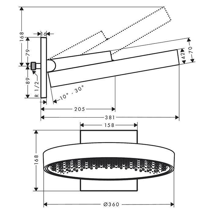 Верхний душ, Hansgrohe, Rainfinity, тип установки-настенный, ширина, мм-360, глубина, мм-381, высота, мм-168, форма-круглая, количество режимов-1, тип струи-PowderRain, держатель-есть, цвет-матовый черный, диаметр душевой лейки,мм-360, душевой кронштейн в Верхний душ, Hansgrohe, Rainfinity, тип установки-настенный, ширина, мм-360, глубина, мм-381, высота, мм-168, форма-круглая, количество режимов-1, тип струи-PowderRain, держатель-есть, цвет-матовый черный, диаметр душевой лейки,мм-360, душевой кронштейн в