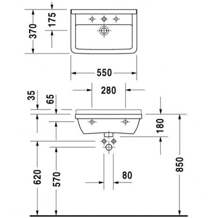 Duravit  Starck III Раковина подвесная узкая  550х370 мм. с переливом, с 1 отв под смеситель, цвет белый