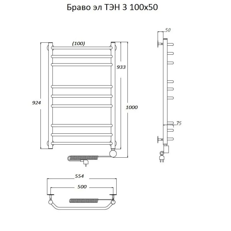 Электрический полотенцесушитель Тругор Браво 3 элТЭН 100x50 Хром