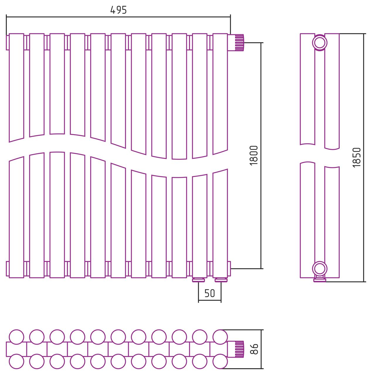 Отопительный радиатор ЭСТЕТ-11 н/ж EU50 1800х495 / 11 сек (Состаренная ЛАТУНЬ)