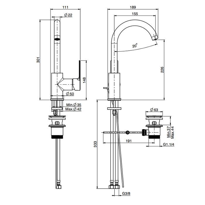 FIMA|Carlo Frattini Mast Смеситель для раковины, вращающийся излив, с донным клапаном, цвет золото, артикул F3151OR