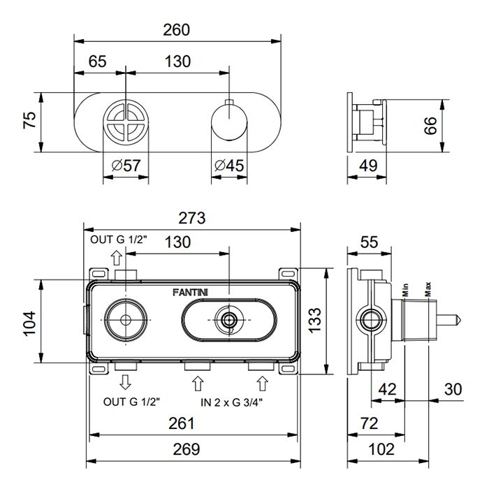 Fantini Fontane Bianche Смеситель настенный встраиваемый, термостатический, с переключателем на 2 положения, цвет Matt Gun Metal PVD