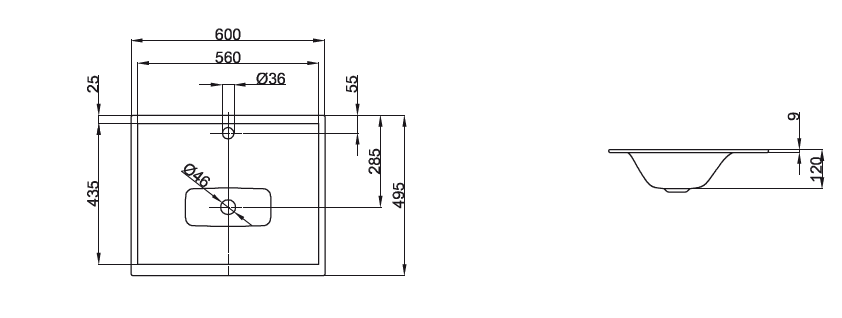 BETTELux Раковина пристенная 600х495х9 мм, с 1 отверстием под смеситель, без перелива, с крепежом цвет белый