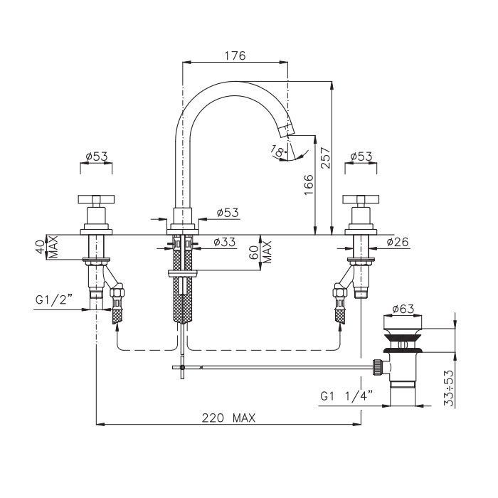 Nicolazzi Monte Croce Смеситель для раковины на 3 отверстия, излив: 176мм, цвет:  золото