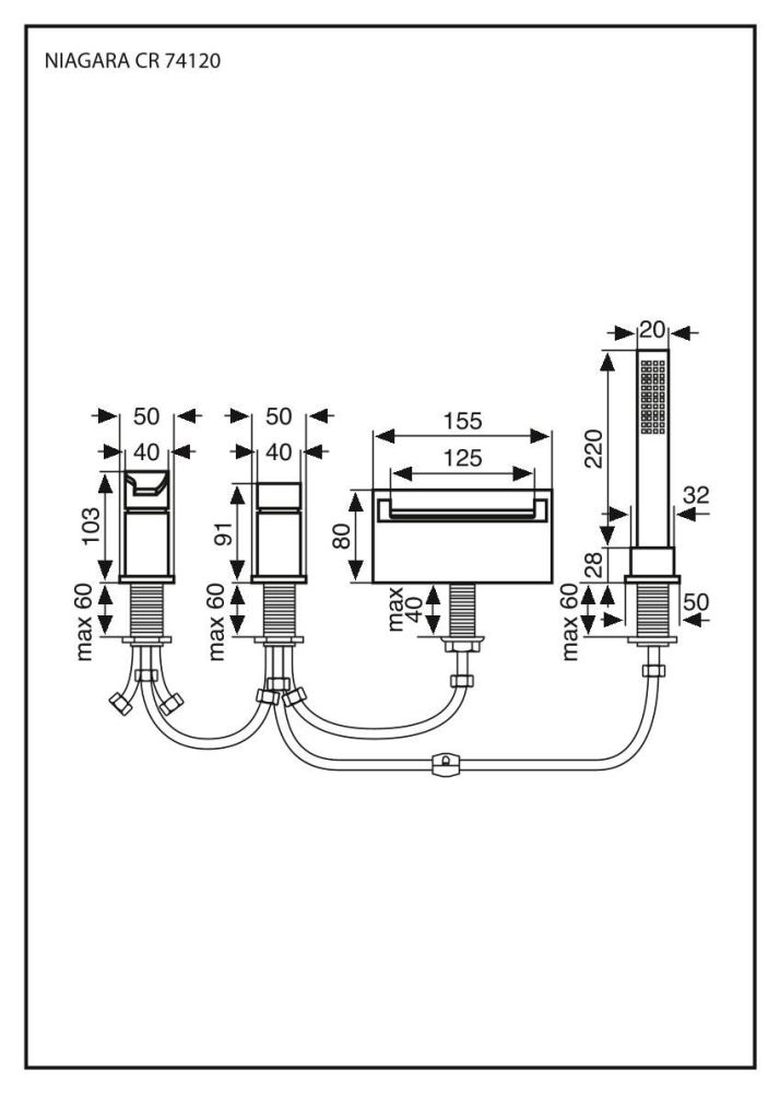 Emmevi Niagara, комплект смесителя на борт ванны на 4 отверстия с каскадным изливом, цвет хром