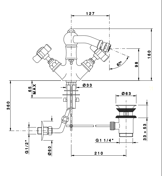 Nicolazzi Dames Anglaises Смеситель для биде с 2мя ручками, на 1 отв., с донным клапаном, излив 127мм, цвет: золото