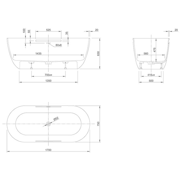 Ванна, KNIEF, Lotus, ширина, мм-1700, глубина, мм-750, высота, мм-630, тип установки-отдельностоящий, форма-овальная, с щелевым сливом переливом click-clack, диаметр слива, мм-52, материал-K-Stone, цвет-белый матовый