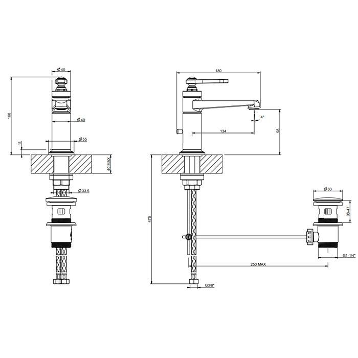 GESSI VENTI20 Смеситель для раковины на 1 отверстие, однорычажный, в комплекте с донным клапаном, цвет Nickel PVD