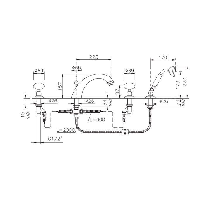 Nicolazzi Cristallo Di Rocca Смеситель на борт ванны, 4 отв., излив: 223 мм, с ручным душем, цвет: золото