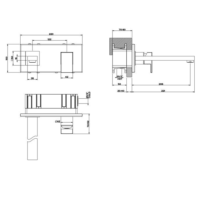 Gessi Rettangolo Встраиваемый однорычажный смеситель, излив 206мм(внешние части), цвет: черный