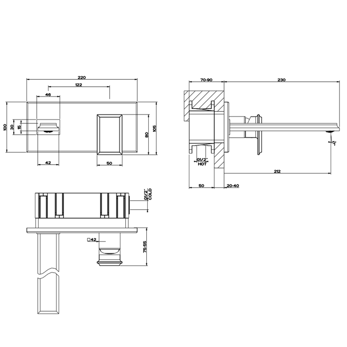 Gessi Eleganza Встраиваемый однорычажный смеситель для раковины, без донного клапана, с изливом (внешняя часть), цвет: золото