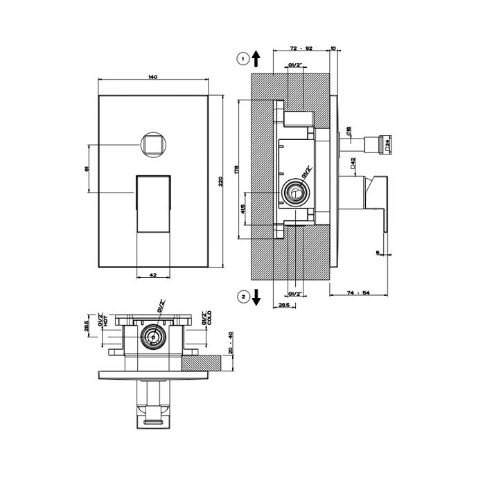 Gessi Rettangolo Встраиваемый однорычажный смеситель с автоматическим переключателем ванна/душ(внешние части), цвет: черный