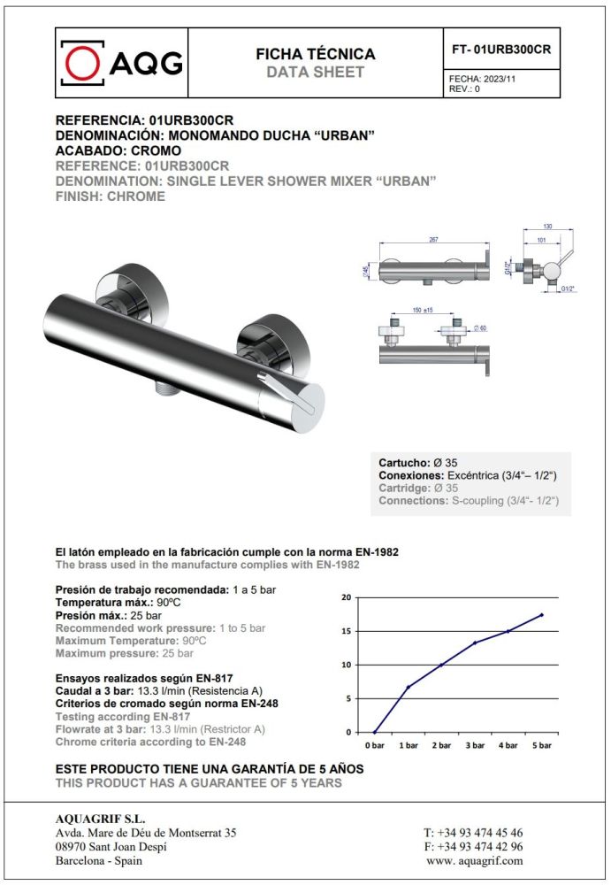 AQG Urban, однорычажный смеситель для душа без набора для душа, цвет хром, артикул 01URB300CR