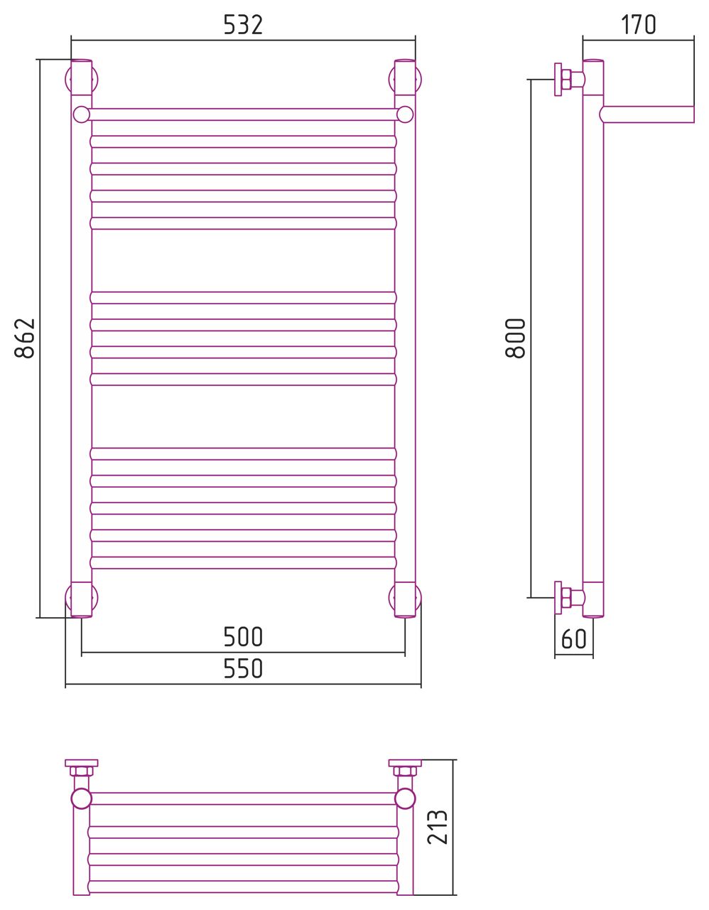 Полотенцесушитель водяной "БОГЕМА 1П +" 800х500 (Матовый Чёрный)