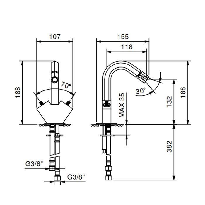 FANTINI VENEZIA Смеситель для биде на 1 отверстие, двухвентильный, без ручек, без донного клапана, цвет Matt Gun Metal PVD