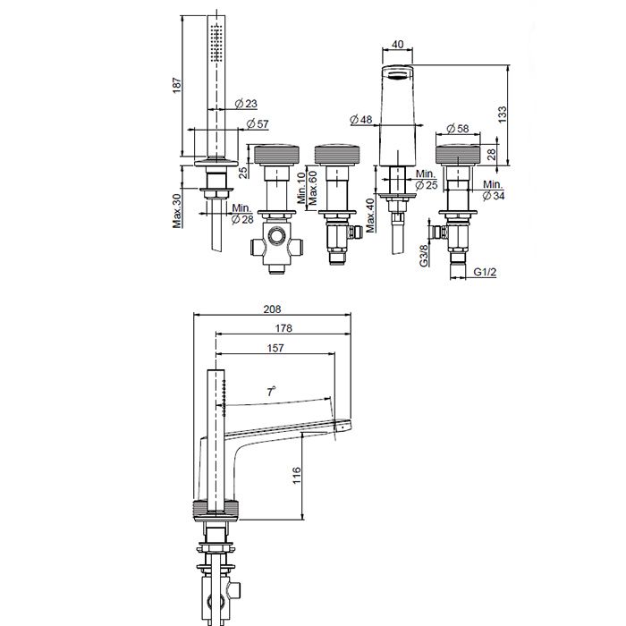 Fima Carlo Frattini Texture Collection Смеситель на борт ванны, ручки "H", с ручным душем и шлангом, цвет: чёрный матовый Fima Carlo Frattini Texture Collection Смеситель на борт ванны, ручки "H", с ручным душем и шлангом, цвет: чёрный матовый