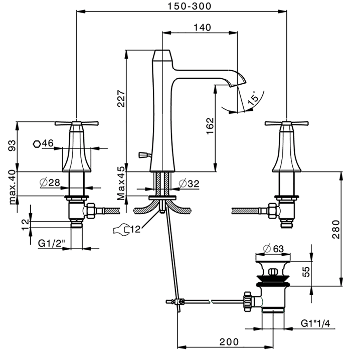 CISAL Cherie Смеситель для раковины на 3 отверстия, с донным клапаном, цвет золото/черный