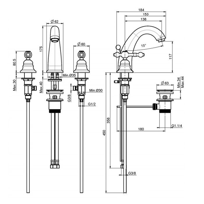 FIMA|Carlo Frattini Epoque Смеситель для раковины, на 3 отверстия, с донным клапаном, цвет хром