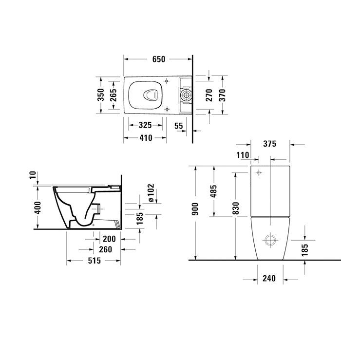 Duravit Viu Унитаз напольный 350x650мм, rimless,слив универсальный, с креплением, цвет белый