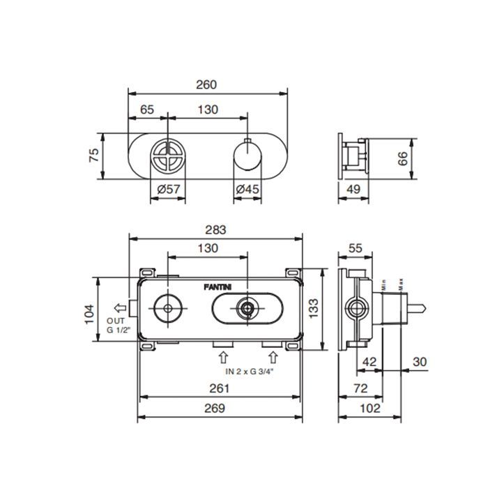 Fantini Fontane Bianche Смеситель для душа термостатический, на 1 источник (наружняя часть), цвет: Matt Gun Metal PVD