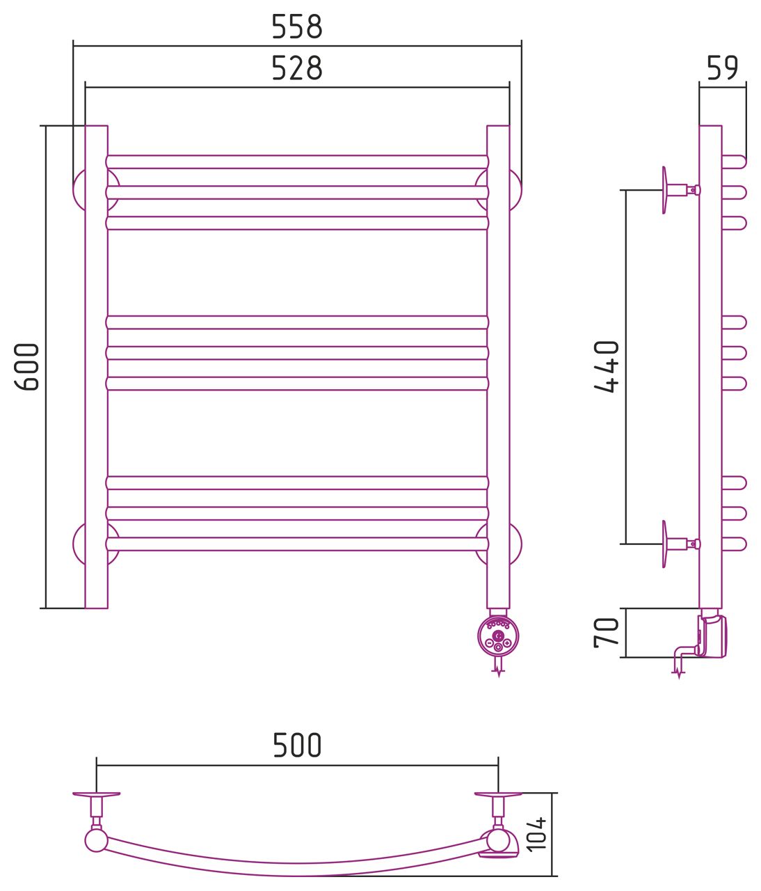Электрический полотенцесушитель СТИЛЬЕ "Формат 10 ТП" 600х500 (3+3+3) Г16 (Без покрытия)