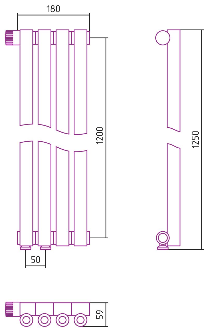 Отопительный радиатор ЭСТЕТ-0 н/ж EU50 левый 1200х180 / 4 сек (БЕЛЫЙ)