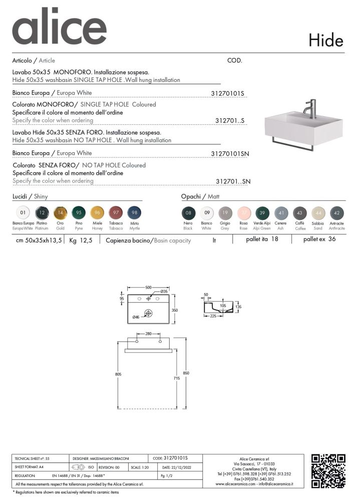 Alice Hide, подвесная прямоугольная раковина 50x35x13,5h см c крепежом fix01, цвет белый глянцевый, артикул 31270101S