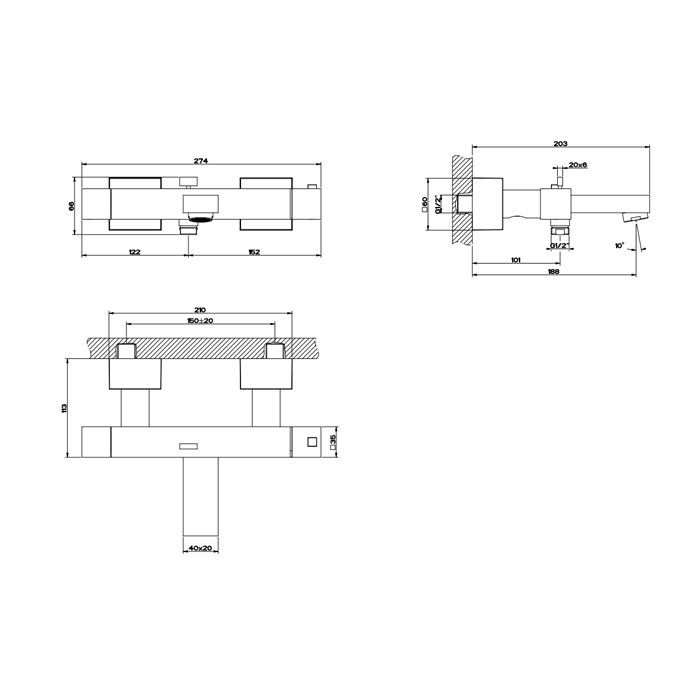 Gessi Rettangolo Термостатический смеситель для ванны с автоматическим переключателем ванна/душ, цвет: черный