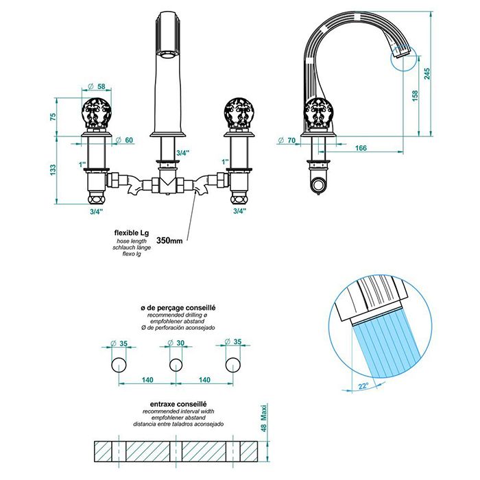 THG FLORE Смеситель для установки на борт ванны на 3 отверстия, без ручного душа, цвет хром