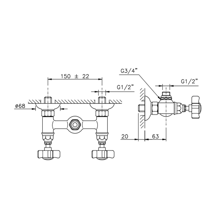 Nicolazzi Dames Anglaises Смеситель для душа на 2 отверстия, вывод сверху 1/2" (без шланга и лейки), цвет: тёмная бронза, артикул 1425DB18