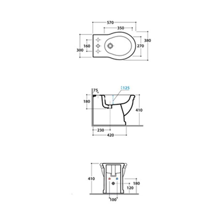GLOBO Paestum Биде напольное пристенное 57*38см с 3 отв. под смеситель, с комплектом креплений, цвет: белый