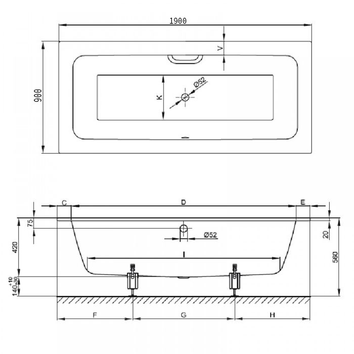 BETTE One Ванна с шумоизоляцией 190х90х42, с покрытием BetteGlasur ® Plus и покрытием анти-слип, цвет белый (для удлиненного слива-перелива)