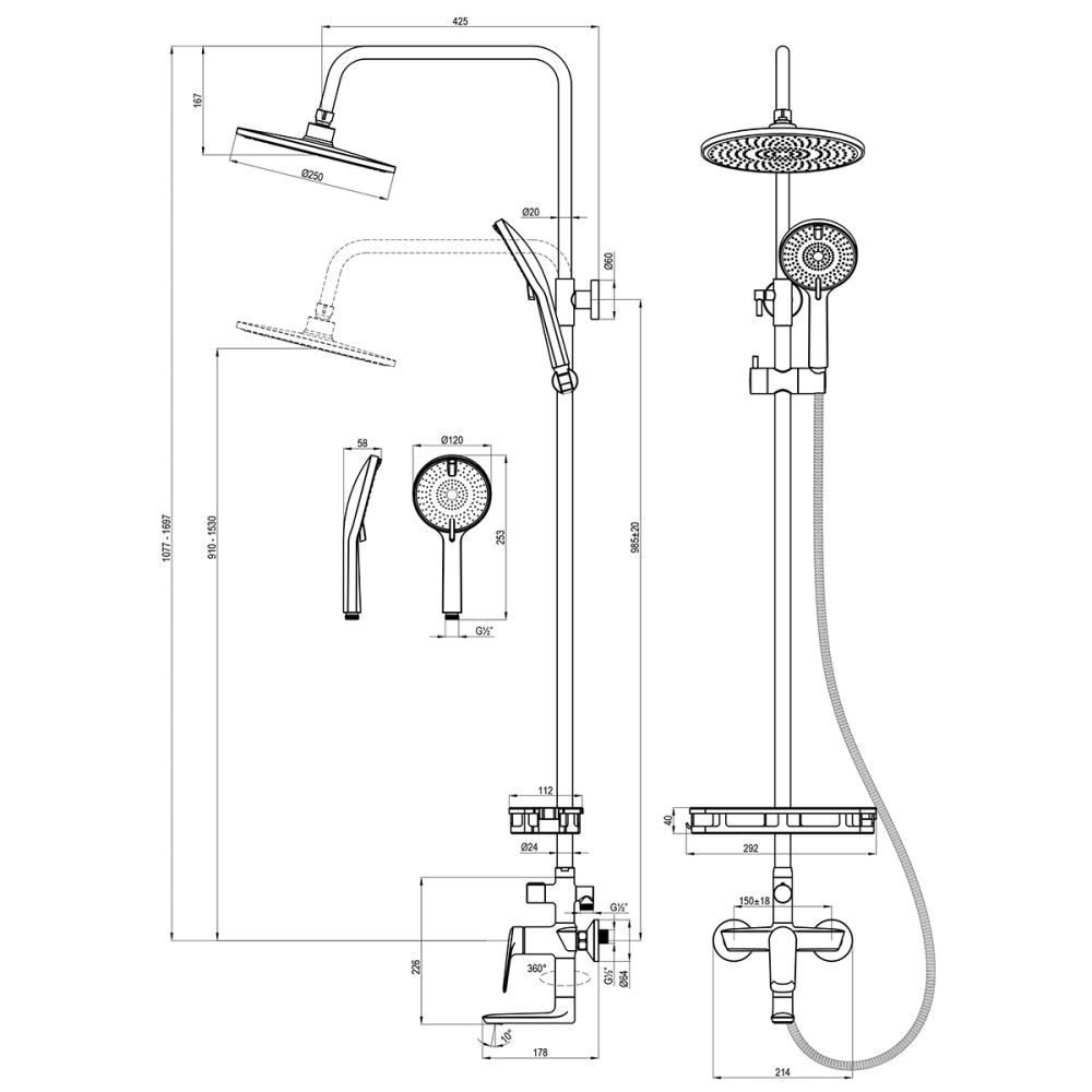 Смеситель Lemark Verba для ванны и душа с регулируемой высотой штанги и верхней душевой лейкой "Тропический дождь" (LM11462C), артикул LM11462C