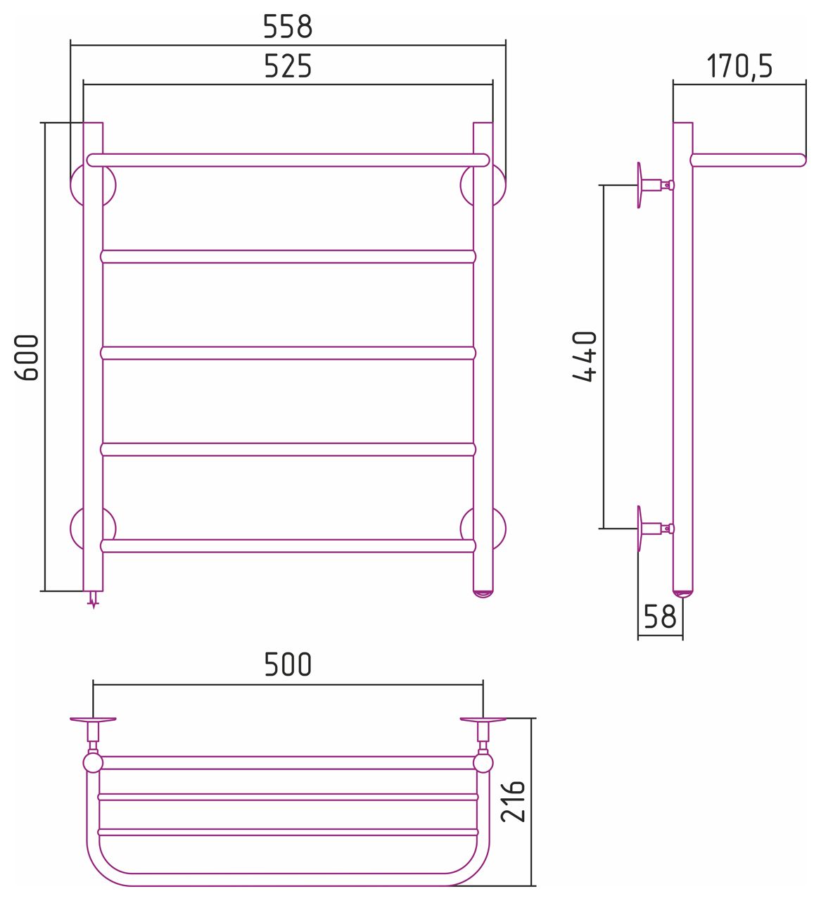 Электрический полотенцесушитель СТИЛЬЕ "Формат 30 Л" 600х500 (Полка + 4) П16 (Без покрытия)