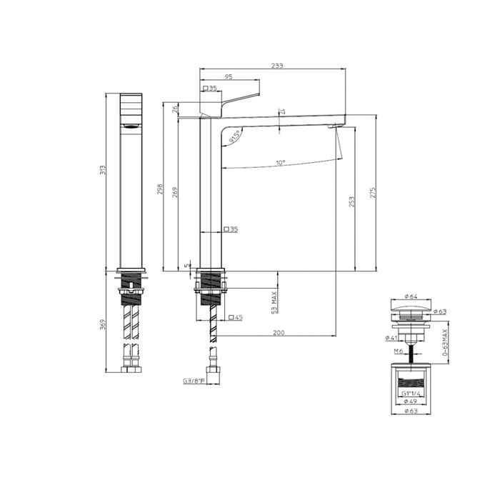 BOSSINI (AKI) Смеситель для раковины высокий с донным клапаном 1”1/4, хром (030) BOSSINI (AKI) Смеситель для раковины высокий с донным клапаном 1”1/4, хром (030)
