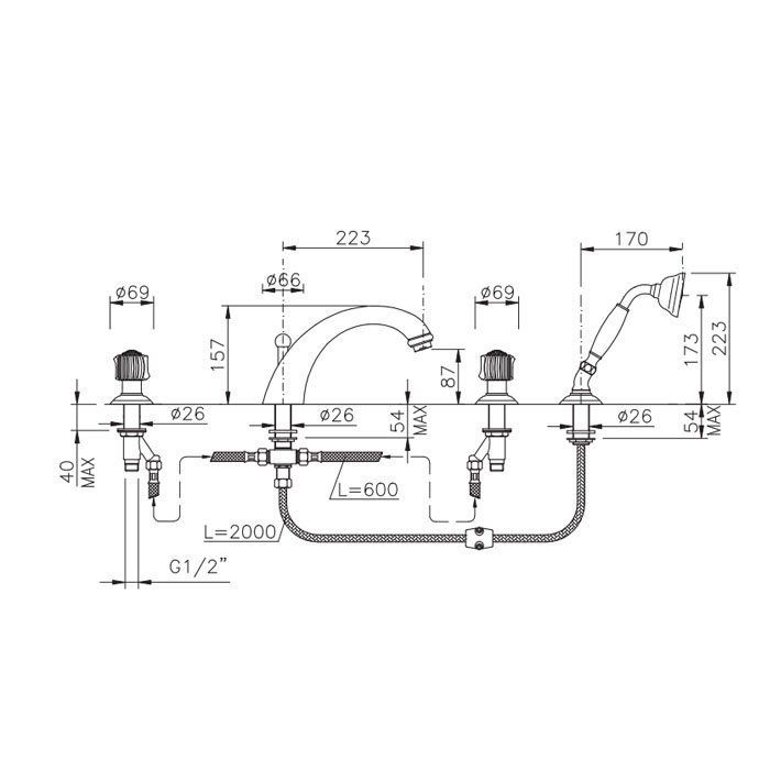 Nicolazzi Onice Смеситель на борт ванны, 4 отв., излив: 223 мм, с ручным душем, цвет: золото